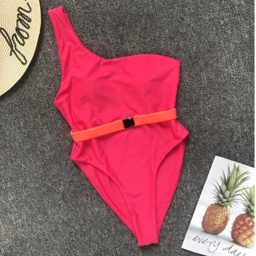Fuschia one shoulder cheeky  belted monokini large